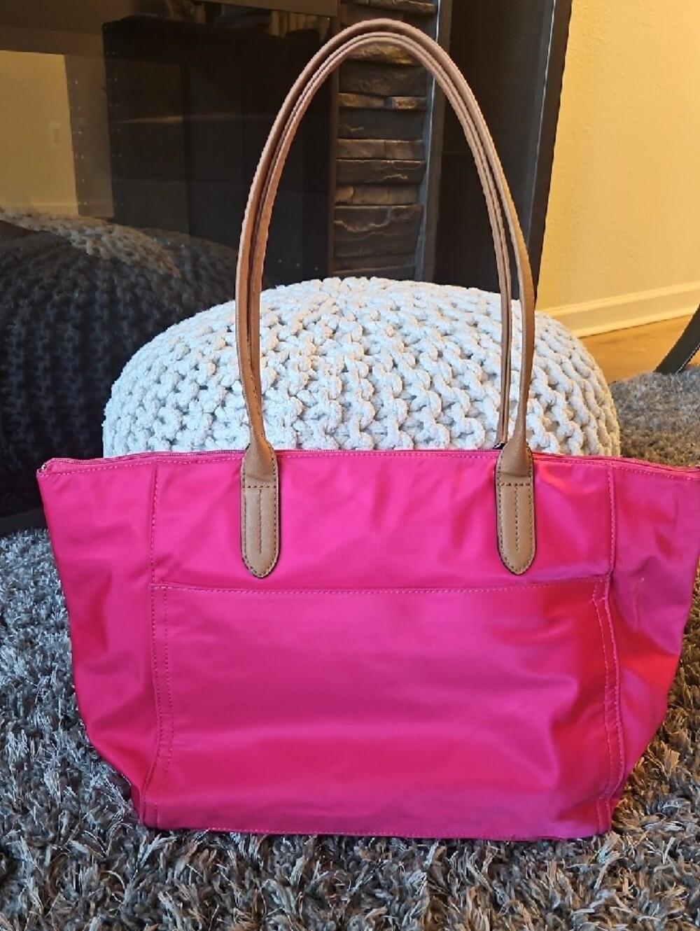 Michael Kors Hot Pink Nylon Tote with Tan Leather Handles - Picture 2 of 10
